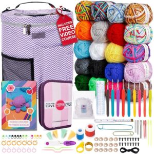 MODDA Crochet Kit for Beginners Adults and Kids - with Video Course - Make Amigurumi and Crocheting Kit Projects - Beginner Crochet Kit Includes 20 Colors Yarn, Hooks, Book, Patterns and Crochet Bag