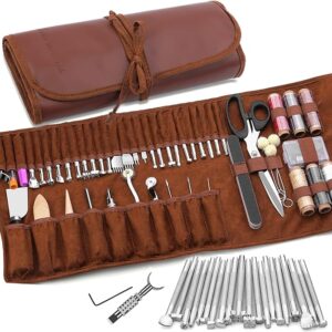 TLKKUE Leather Craft Tools Leather Working Tools Kit with Custom Storage Bag Leather Carving Tools Leather Craft Making for Cutting Punching Sewing Carving Stamping Leather Tooling Kit